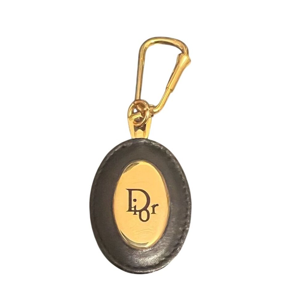 Christian Dior Black Leather Gold-Tone Oval Charm Keychain